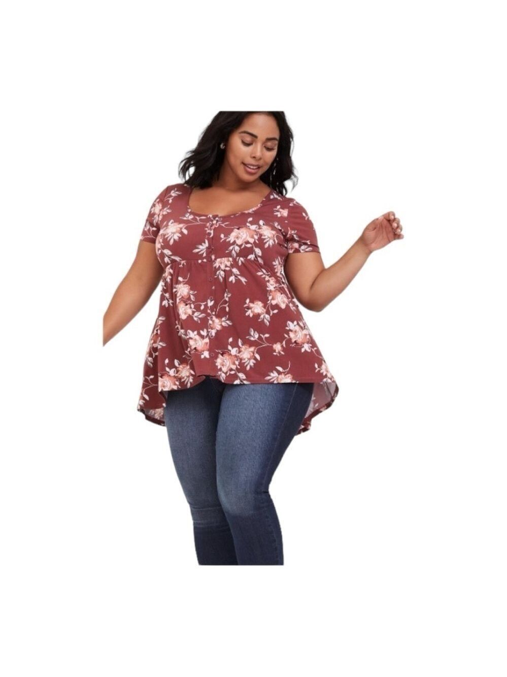Torrid Short Sleeve Smocked Floral Tunic Brown Cream Roses Large - Picture 8 of 9